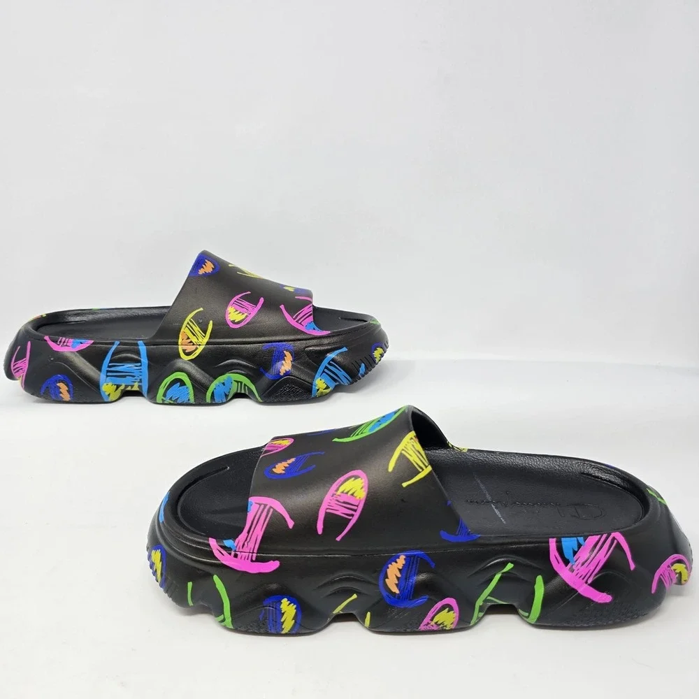 Champion Kids Hyper Slide Black Multicolor Scribble Logo Platform Sandals Size 5